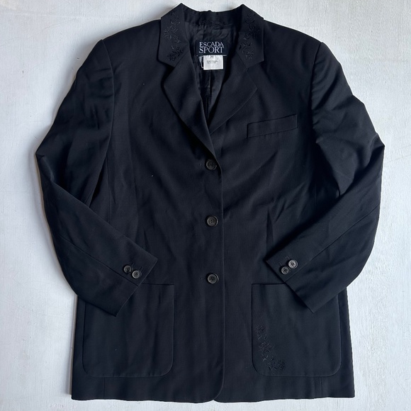 Escada Sport Vintage Black Virgin Wool Embroidered Collar Blazer - Picture 1 of 6